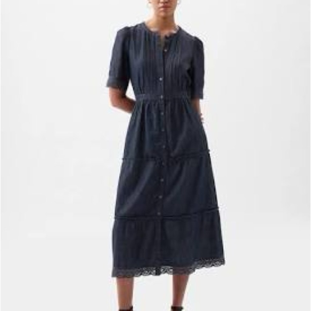 GAP Dark Blue Denim Lace Trim Midi Dress